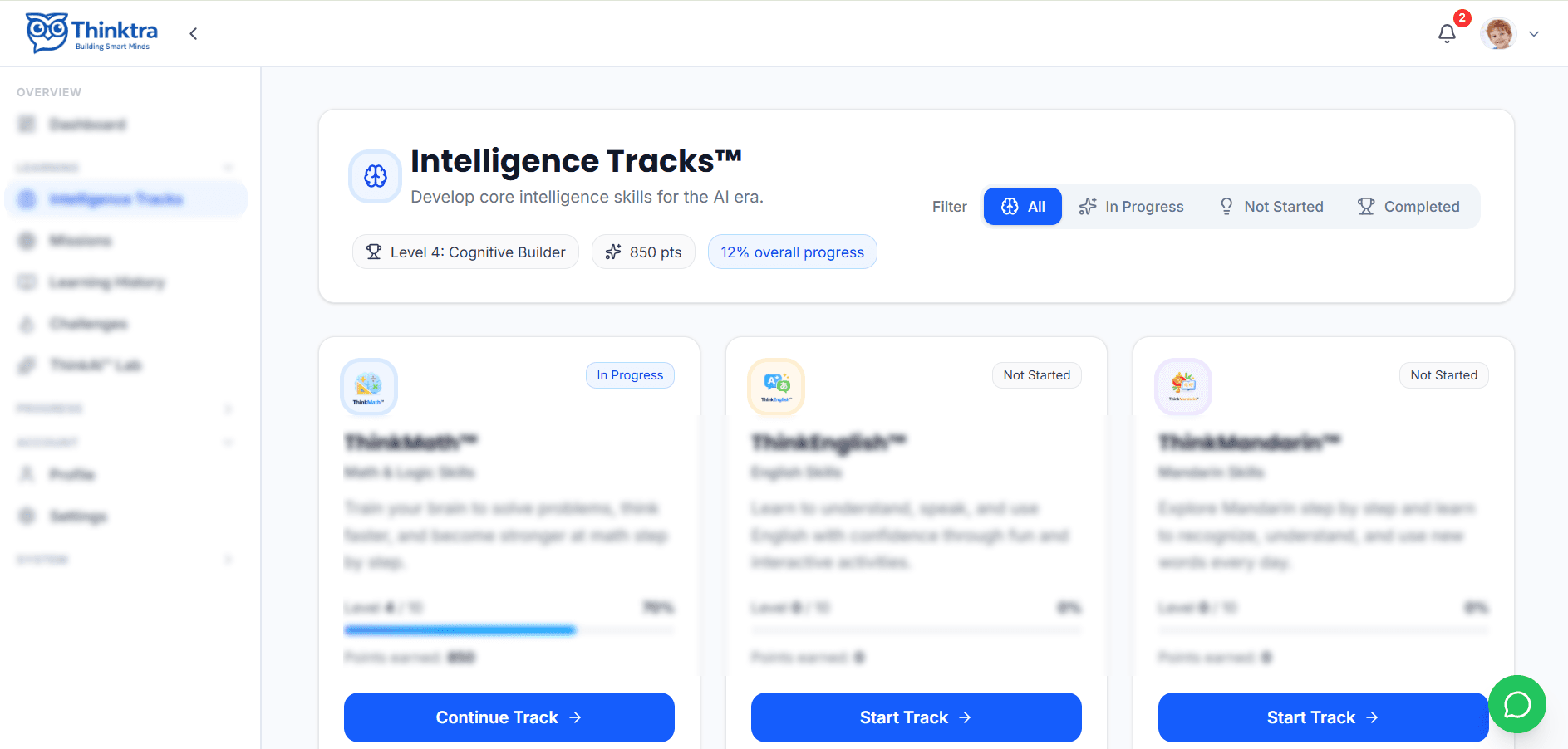 Thinktra parent dashboard showing child progress